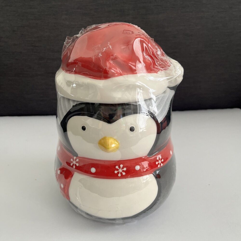Penguin Cookie Jar Canister Christmas W/ Scarf & Santa Hat  9” Tall Brand New